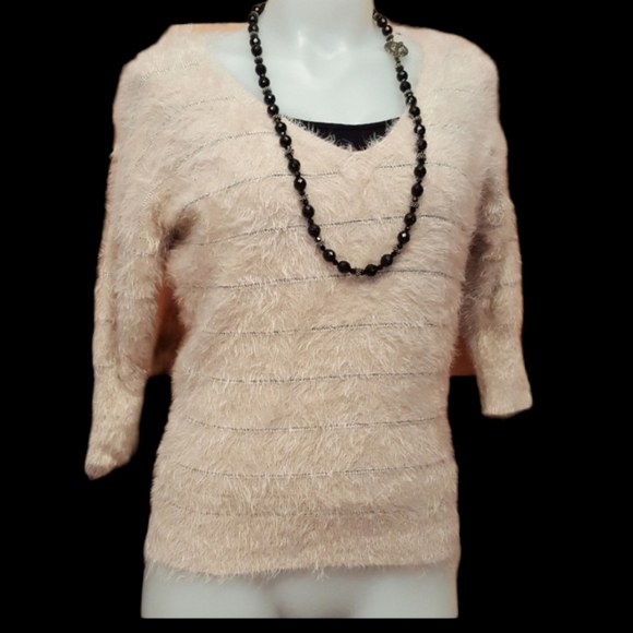 FUZZY fur blush pink sweater with silver inserts - Picture 1 of 6
